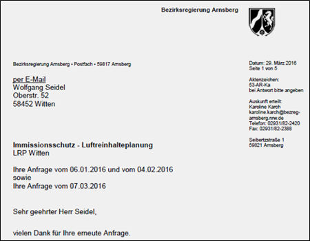 Antwortschreiben aus Arnsberg