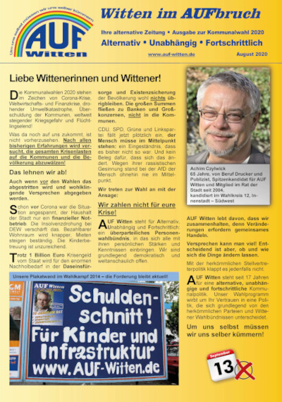 Wahlzeitung von AUF Witten zur Kommunalwahl 2020: Mit allen Kandidaten im Überblick Wahlzeitung von AUF Witten zur Kommunalwahl 2020: Mit allen Kandidaten im Überblick