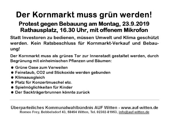 Der Kornmarkt muss grün werden! Protest gegen die Bebauung am 23. September um 16:30 Uhr vor dem Rathaus