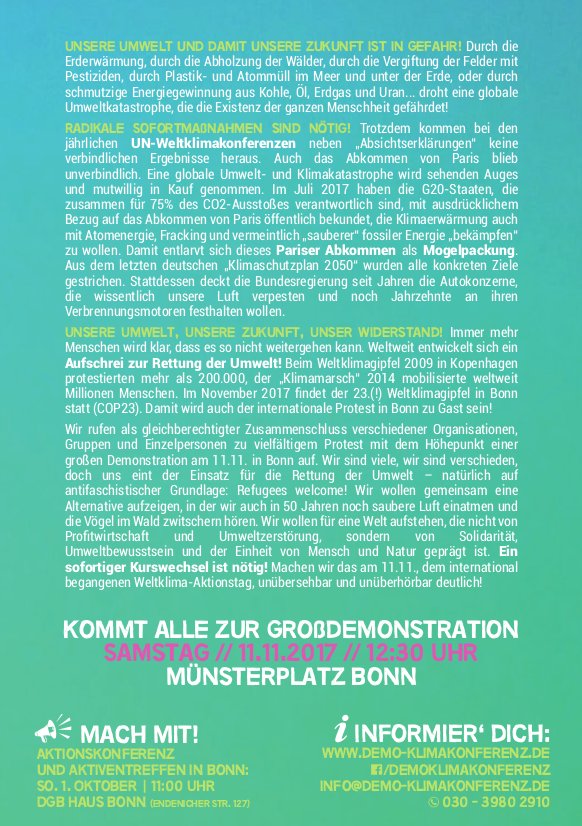 Aufruf zur Großdemonstration am Weltklimaaktionstag