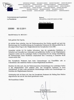 Anschreiben des EU Parlaments an Peter Spyrka. Zur Vollansicht des Schreibens bitte das Bild anklicken!