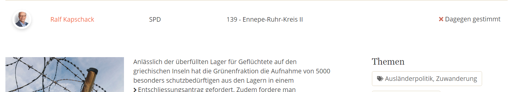 Oben Rechts im Bild die angesprochene Ablehnung der Aufnahme der Flüchtlinge auf Lesbos durch Ralf Kappschack (SPD)